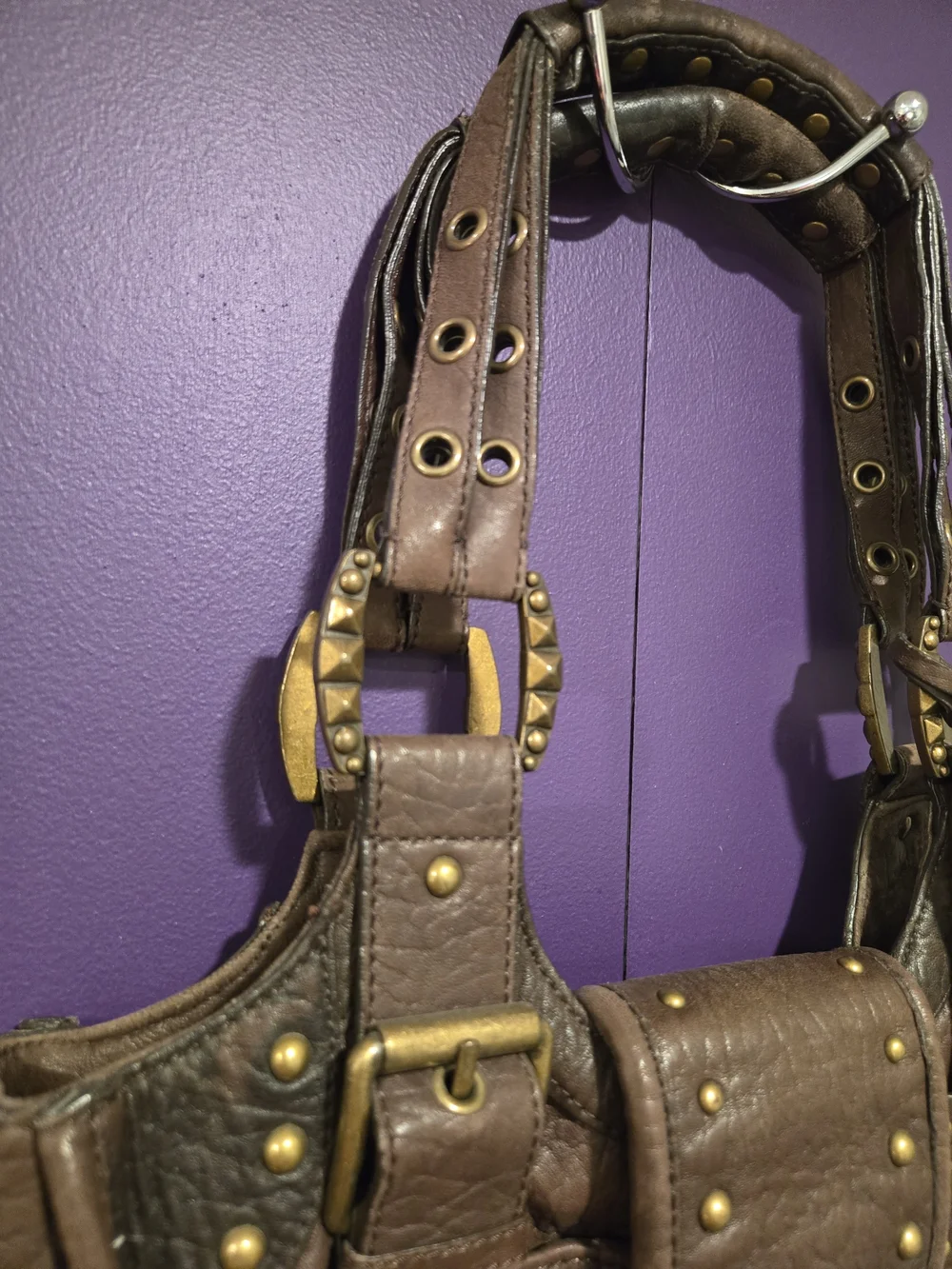 Betsey Johnson Brown Stud-Embellished Leather Shoulder Bag